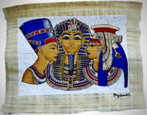 Tutankhamon,Nefirtit and Cleoptra, illuminated Papyrus  30x40 cm, Blue